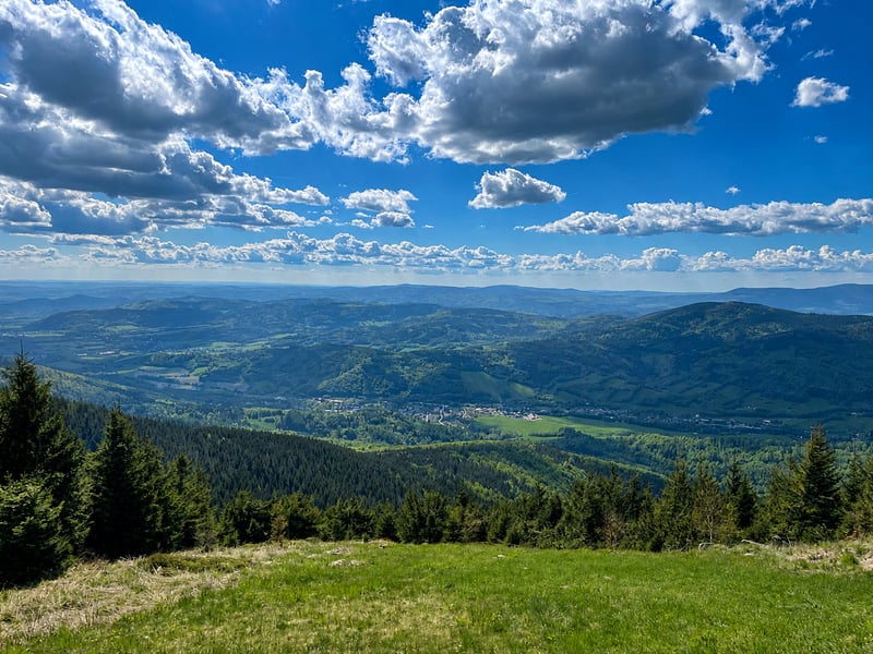 Panoramic view of the Jeseníky Mountains and forests surrounding the apartment