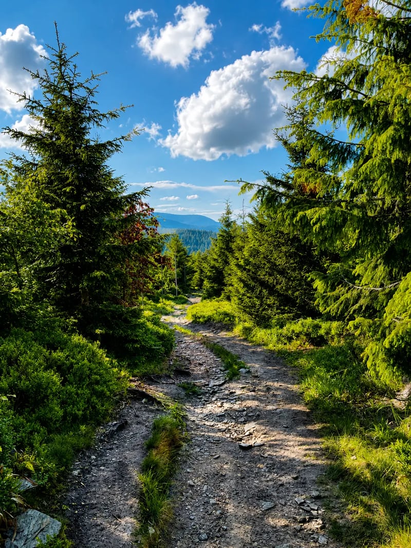 Forest road in the Jeseníky Mountains with mountain views